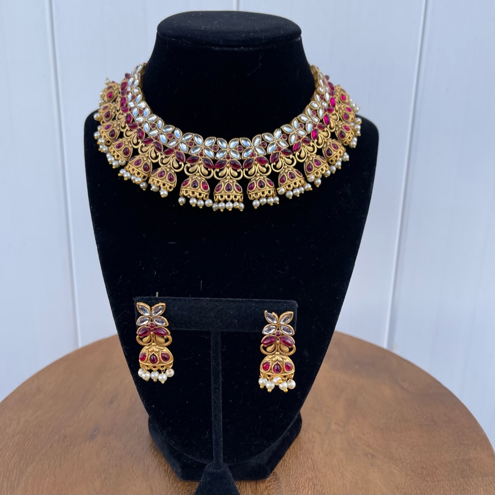 Gold Plated Pink Kundan & Pearl Choker Necklace Set for Women - Picture 11 of 12